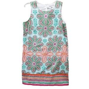 London Style Collection Blue/Green/Pink Floral Cotton Sleeveless Shift Dress 12